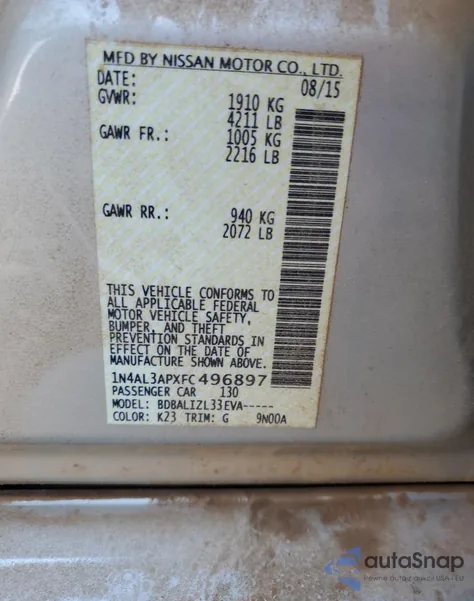 2015 Nissan Altima 2.5 Sv z USA, uszkodzony, nr VIN 1N4AL3APXFC496897